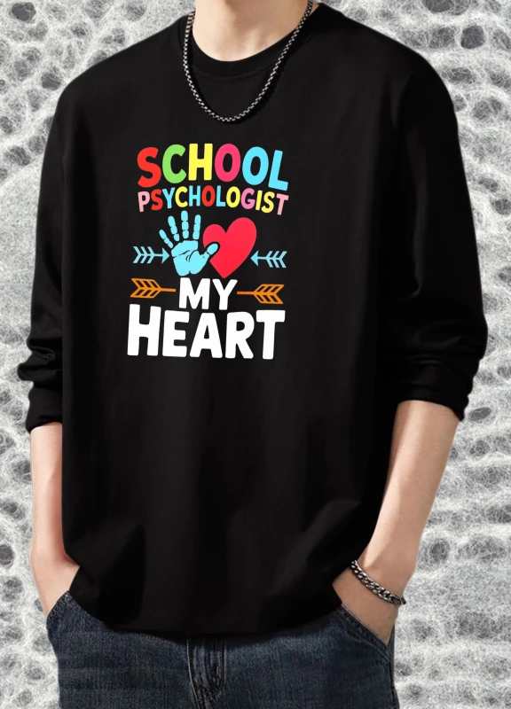 

Футболка мужская осенняя Удобная футболка в стиле хип-хоп с длинными рукавами и графическим рисунком Школьный психолог Мое сердце Мужская одежда High Street Футболка с принтом