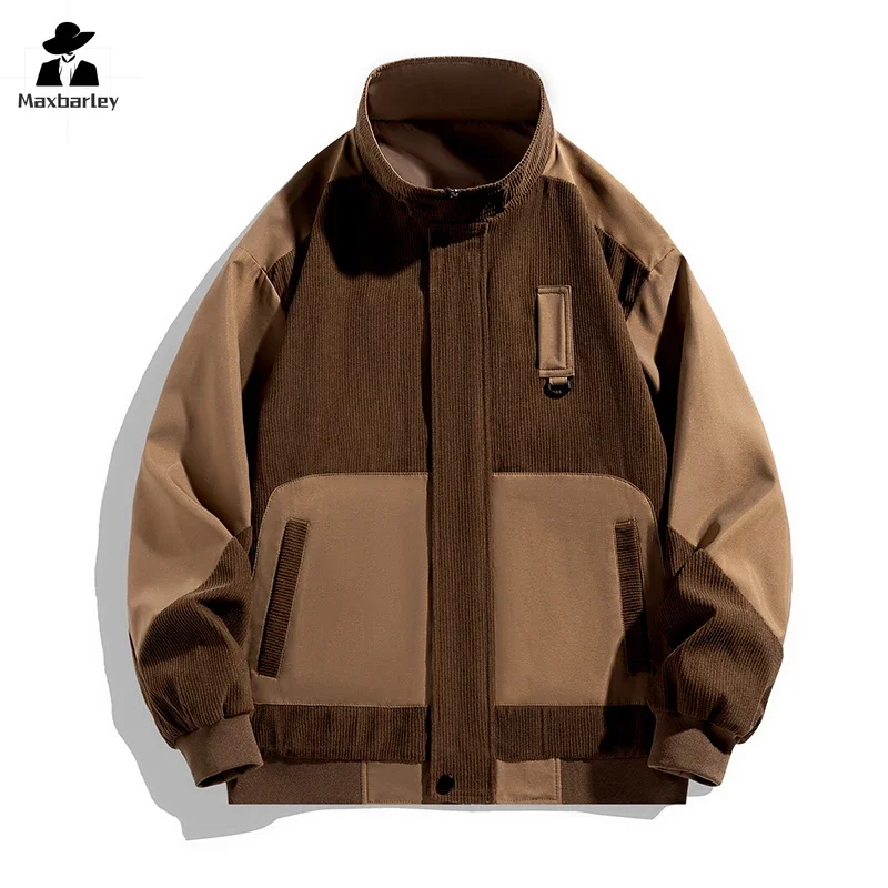

New Corduroy Jacket Men's Autumn Harajuku Casual Loose Baseball Collar Windproof Coat Vintage Solid Color Splicing Loose Jackets