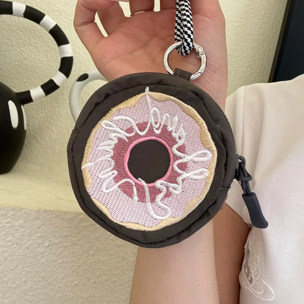

Cute Mini Coin Purse Multifunctional with Rope Nylon Key Chain Wallet Doughnut Zipper Embroidery Earphone Bag Storage Bag