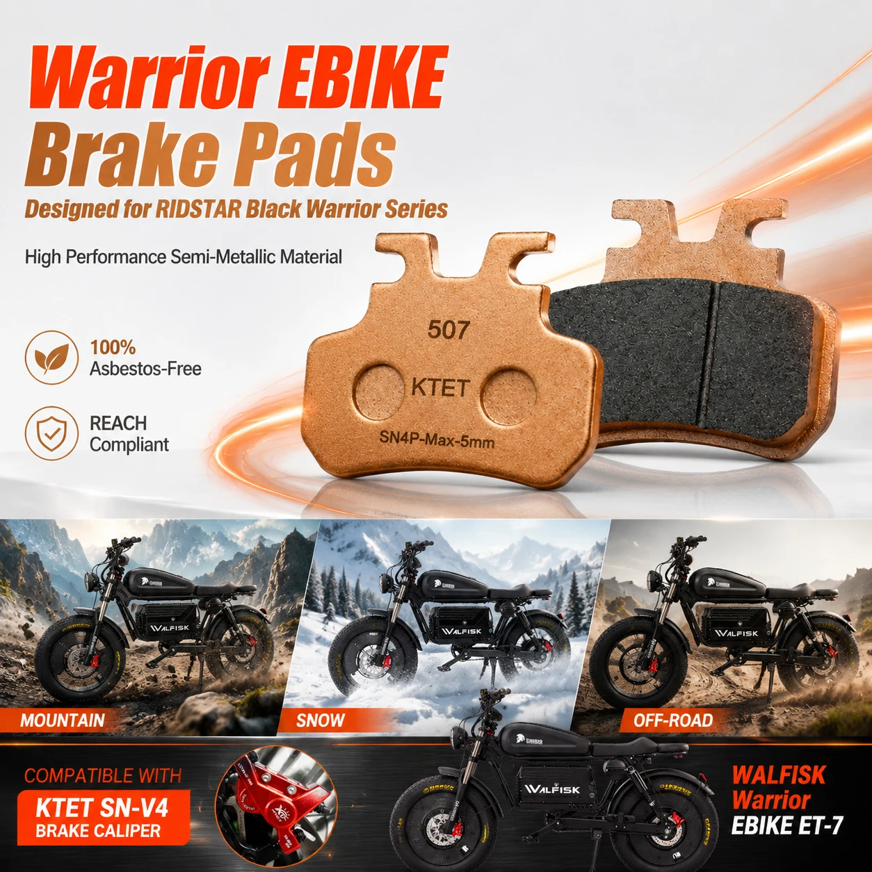 

Warrior Ebike Brake Pads Semi-Metallic for Himoto Black Warrior WALFISKET ET-7 KTET SN-V4 4 Piston Hydraulic Disc Brake