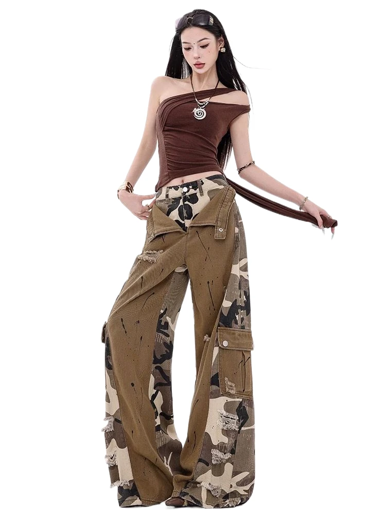 Celana Kerja Musim Panas Tipis Model Slim Fit Straight Leg Motif Kamuflase Amerika, Celana Lebar Gaya High Street, Celana Kasual Fashion Remaja