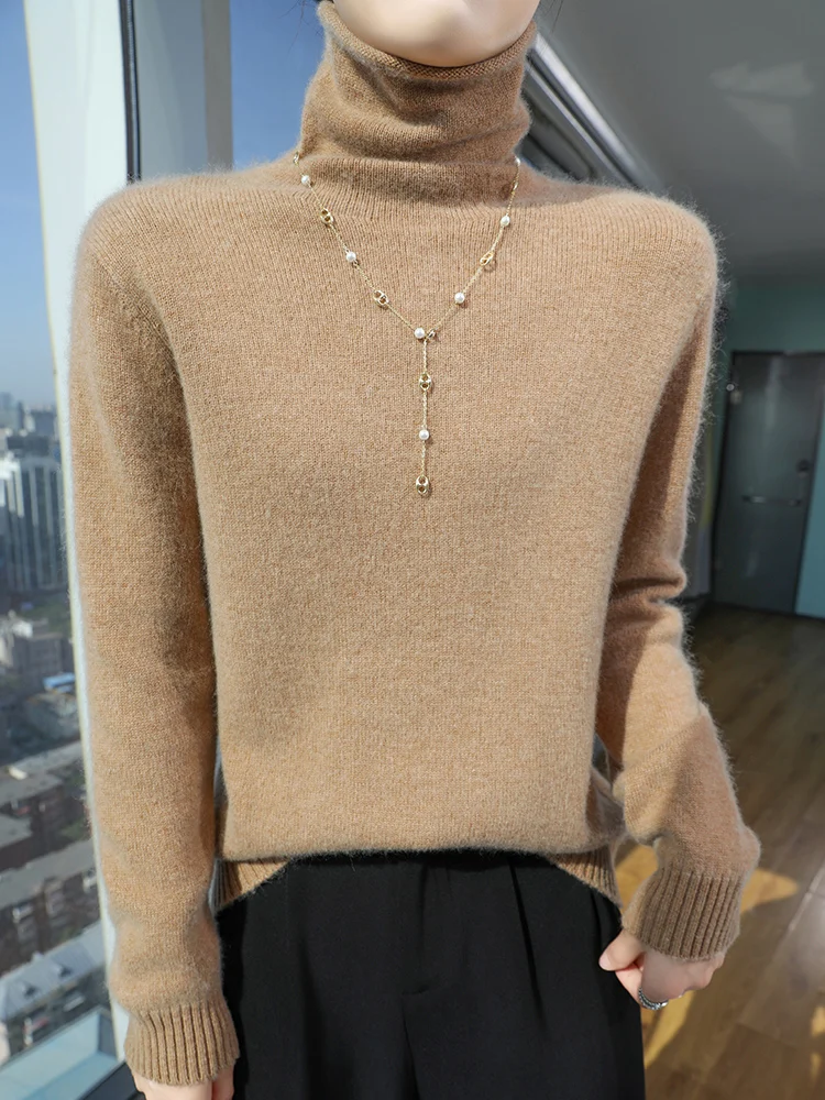 Turtleneck 100% Pure Wool Sweater Ladies Pile Neck Knit Pullover Casual Loose Warm Blouse Autumn Winter Wild Thicken Base Shirt