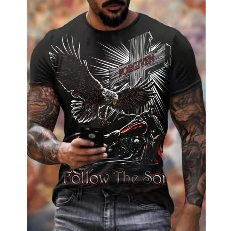 Men's T-shirt 3D motorcycle bicycle pattern printed hip-hop T-shirt summer short sleeved shirt Men's retro T-shirt