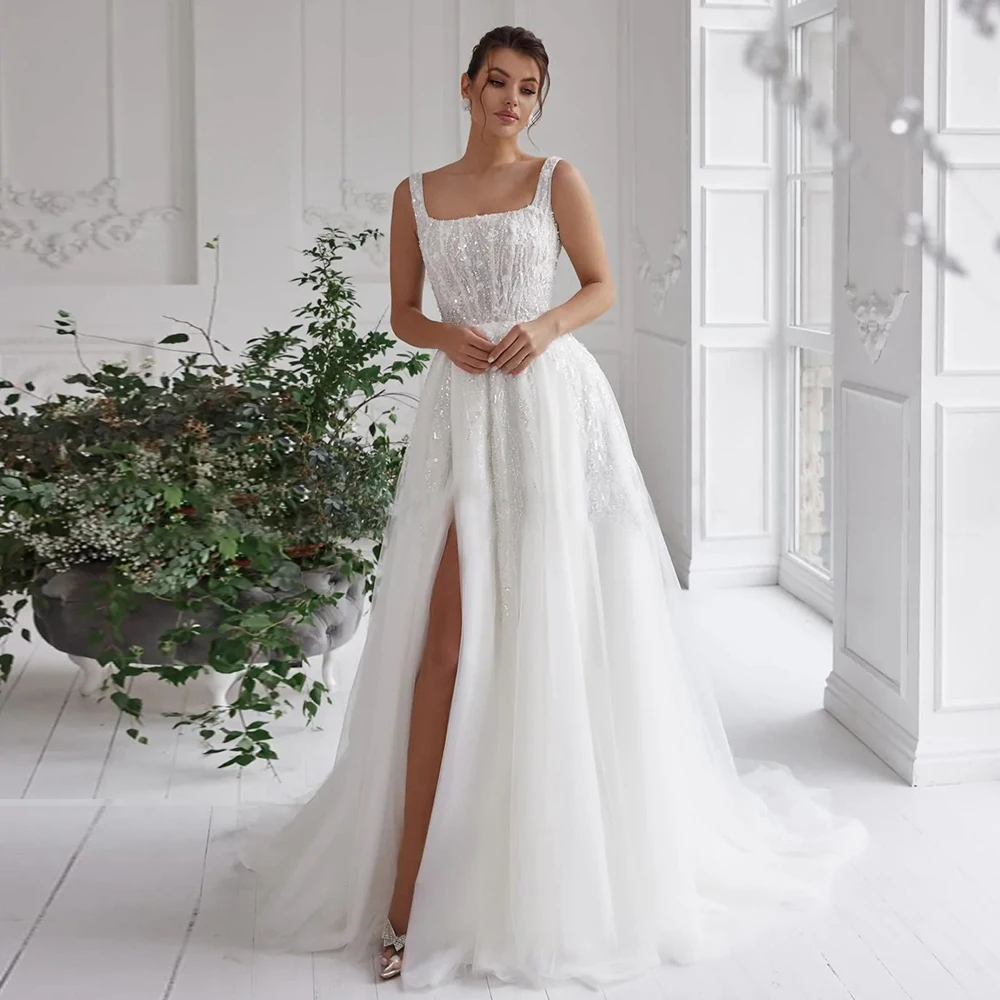 

MANRAY Sleeveless A Line Wedding Dress New 2023 Bead Applique Square Collar High Slit Floor Length Bride Dresses Robe De Mariee