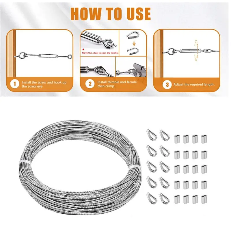 A74U 1/16Inch Turnbuckle Wire Tensioner Kit Heavy Turnbuckle Cable Railing Kit 115Ft Wire Rope Hook and Eye Turnbuckle Kit