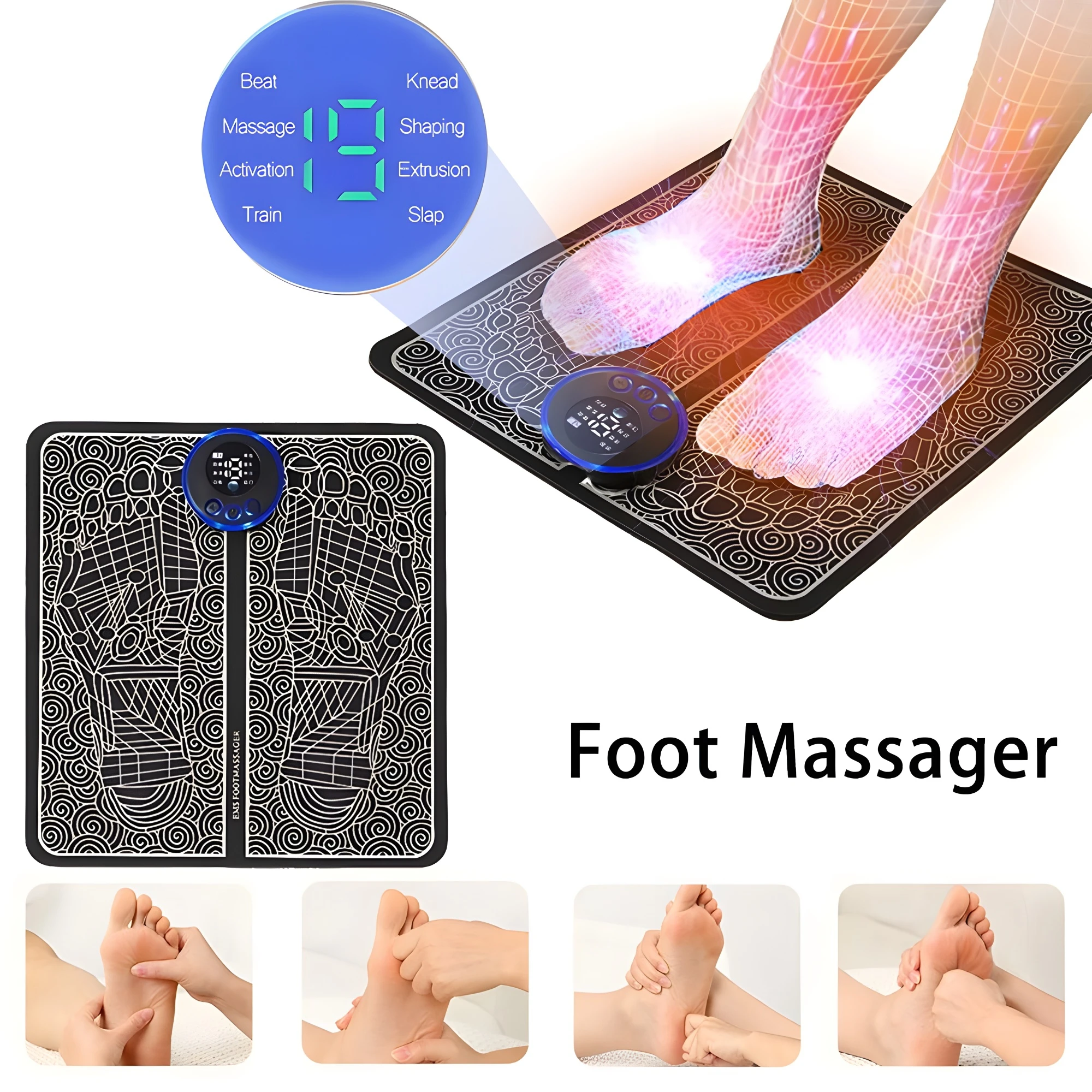 

Массажер для ног, стимуляционная подушка, электрический массаж ног, полипропиленовая пластина, 8 режимов, 19 уровней прочности, легкий вес, снимает давление в ногах