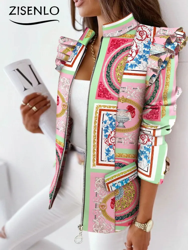 Blazer for Women Spring Summer Ruffled Long Sleeve Zipper Printed Jacket Female Colorful Blazer Jacket for Women Office Lady