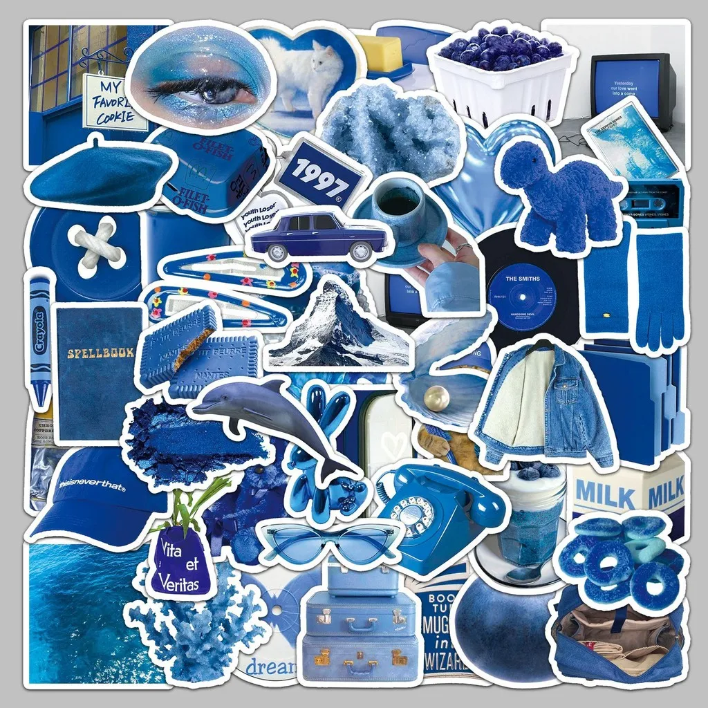 50Pcs Blue INS Style Journal Sticker Aesthetic Minimalist Decor for Phone/Laptop/Water Bottle Waterproof RecordingYourLife Store