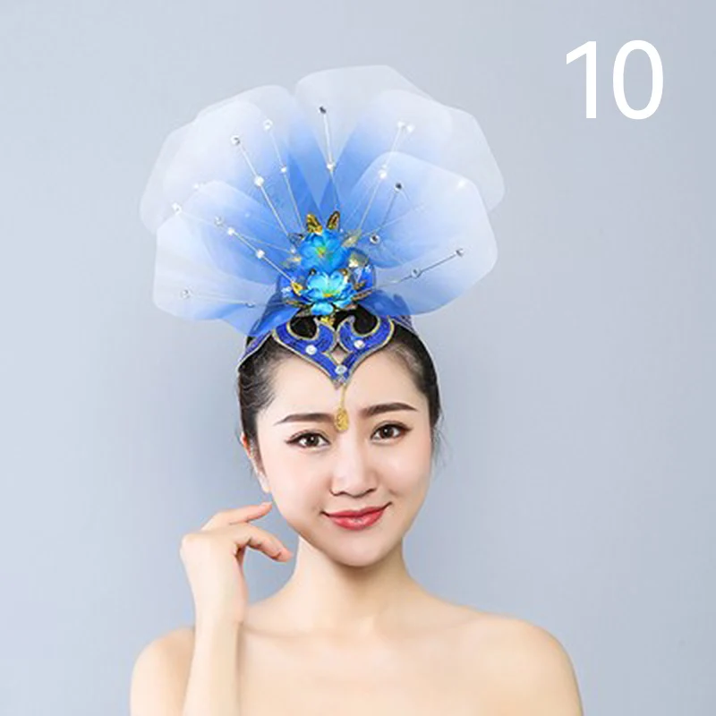 Dance Elegant Veil Brim Hats Headdress Show Stage Performance Costume Hair Accessories Women Yangko Folk Dance Hair Flowers