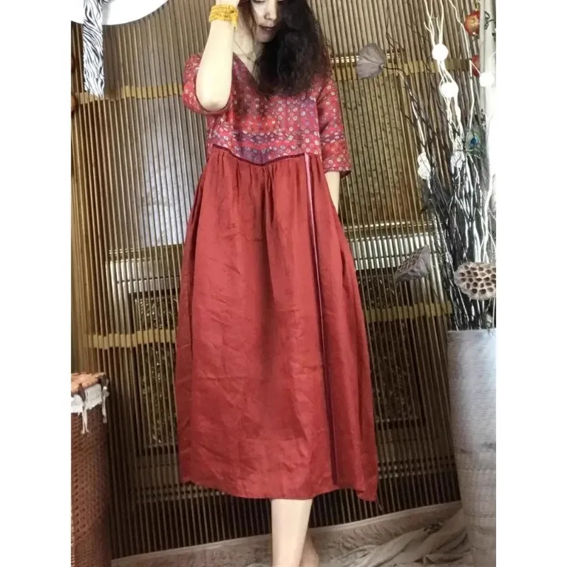 Cotton and Linen Oversized Loose Printed Dress, Women's Summer New 2024