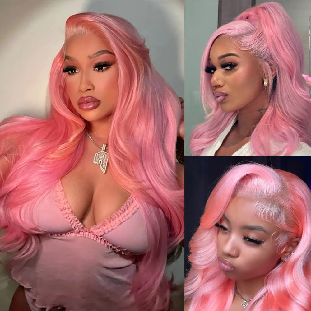 Pink Body Wave Lace Front Wig Brazilian Human Hair 13x4 Lace Frontal Wig 180 Density HD Transparent Colored Wig Natural Hairline