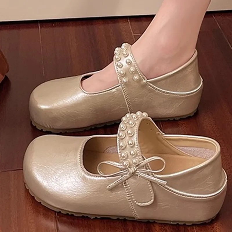 

Туфли с бантом, женские туфли на плоской подошве, жемчужное украшение, платье-бабочка, новые летние балетки с бисером и крючком-бабочкой