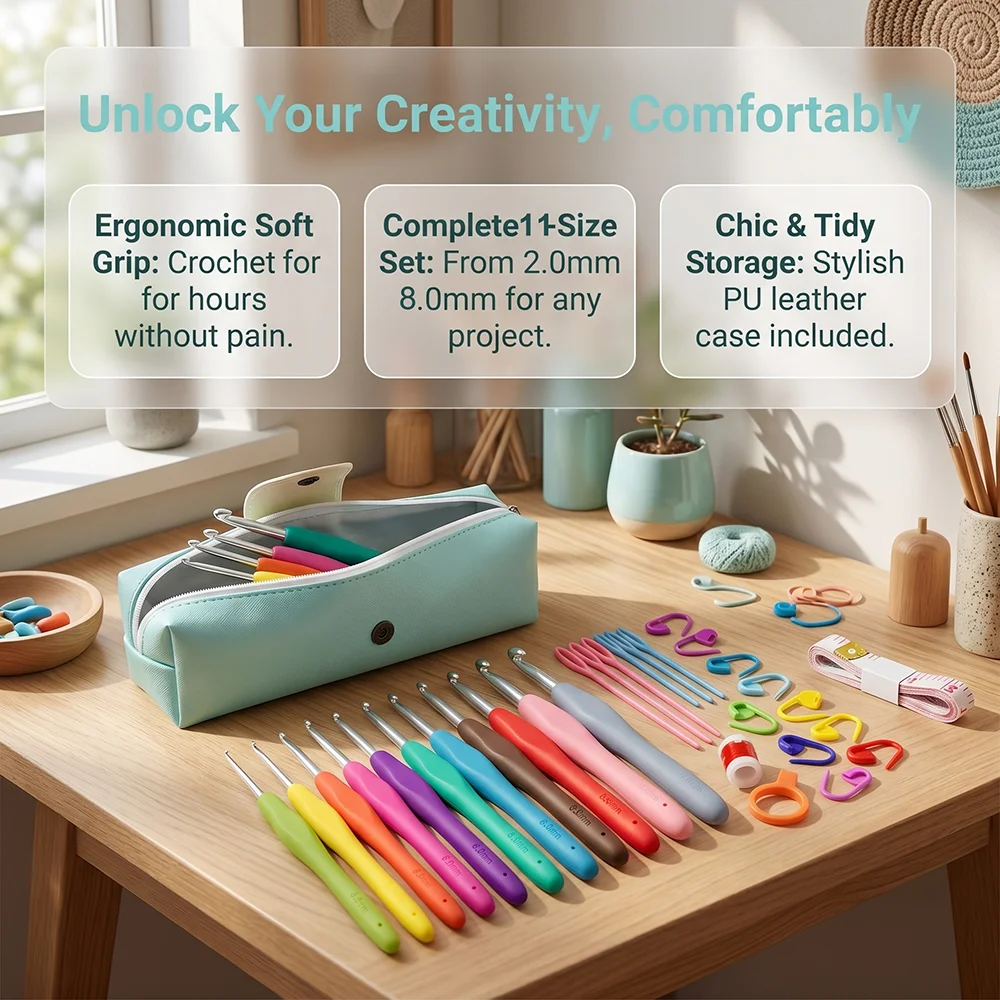 37pcs Crochet Hooks Kits with Storage Bag Soft Handle Crochet Needles Knitting Needles Set DIY Sewing Weaving Tool for Beginners view 6