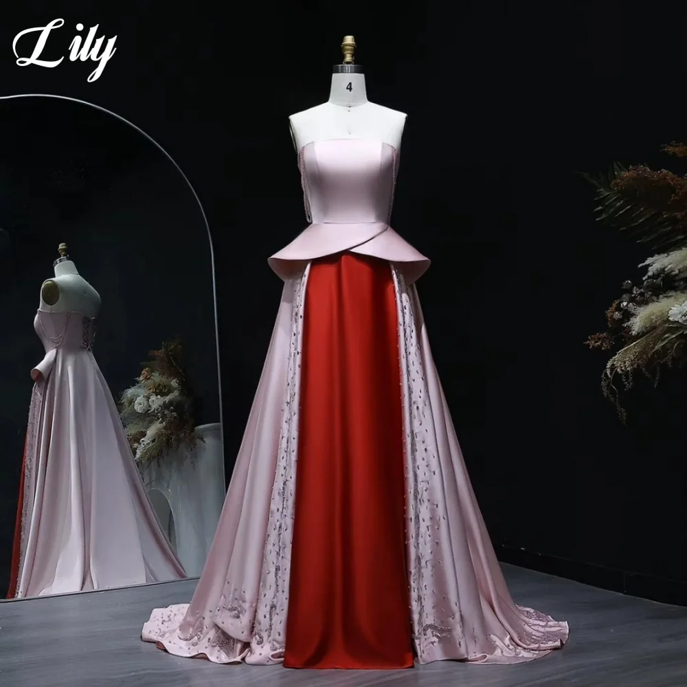 Lily Pink Strapless Prom Dress Sweetheart Evening Dress With Beaded Pink & Red Color Block Elegant Satin Party Dress Customized