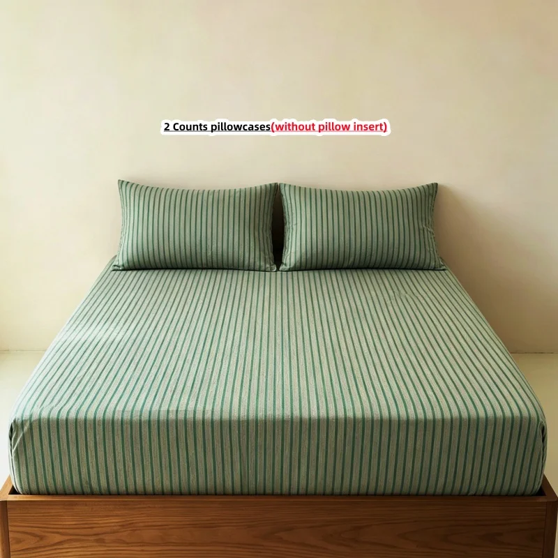 3Pcs Stripe Fitted Bed Sheet With Elastic Band Anti-slip Adjustable Mattress Cover (Pillowcase without pillow core))