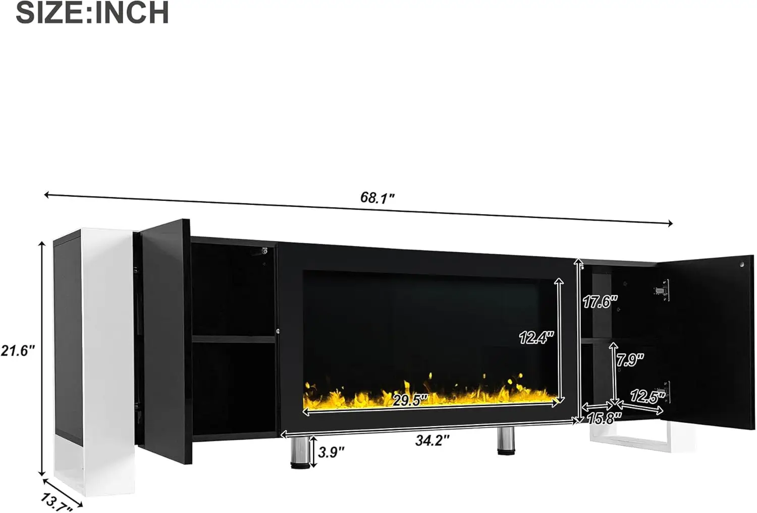 Porta TV lucido con camino elettrico Non riscaldante da 34.2 ", centro di intrattenimento con 2 armadi, Console multimediale per camera da letto