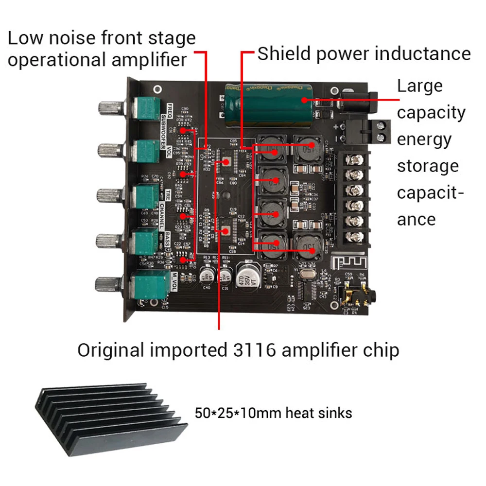 لوح مضخم صوت رقمي ، قناة ، بلوتوث ، تطبيق دعم ، مضخم صوت HiFi ، وحدة مضخم صوت ستيريو ، 50 واط × 2 + واط ، TB21