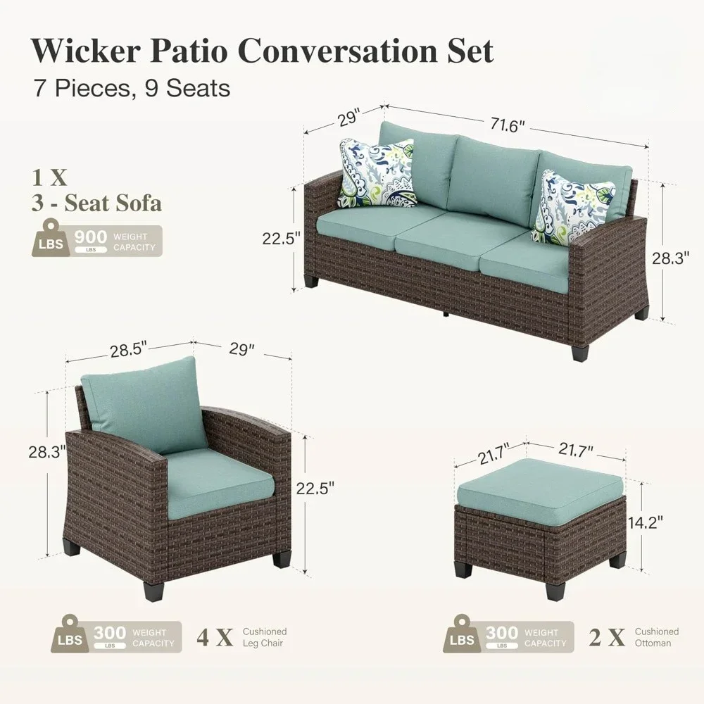 7-Piece Patio Furniture Sets, Outdoor Wicker Furniture with Rattan Chairs, 3-Seat Couch with Ottomans, Patio