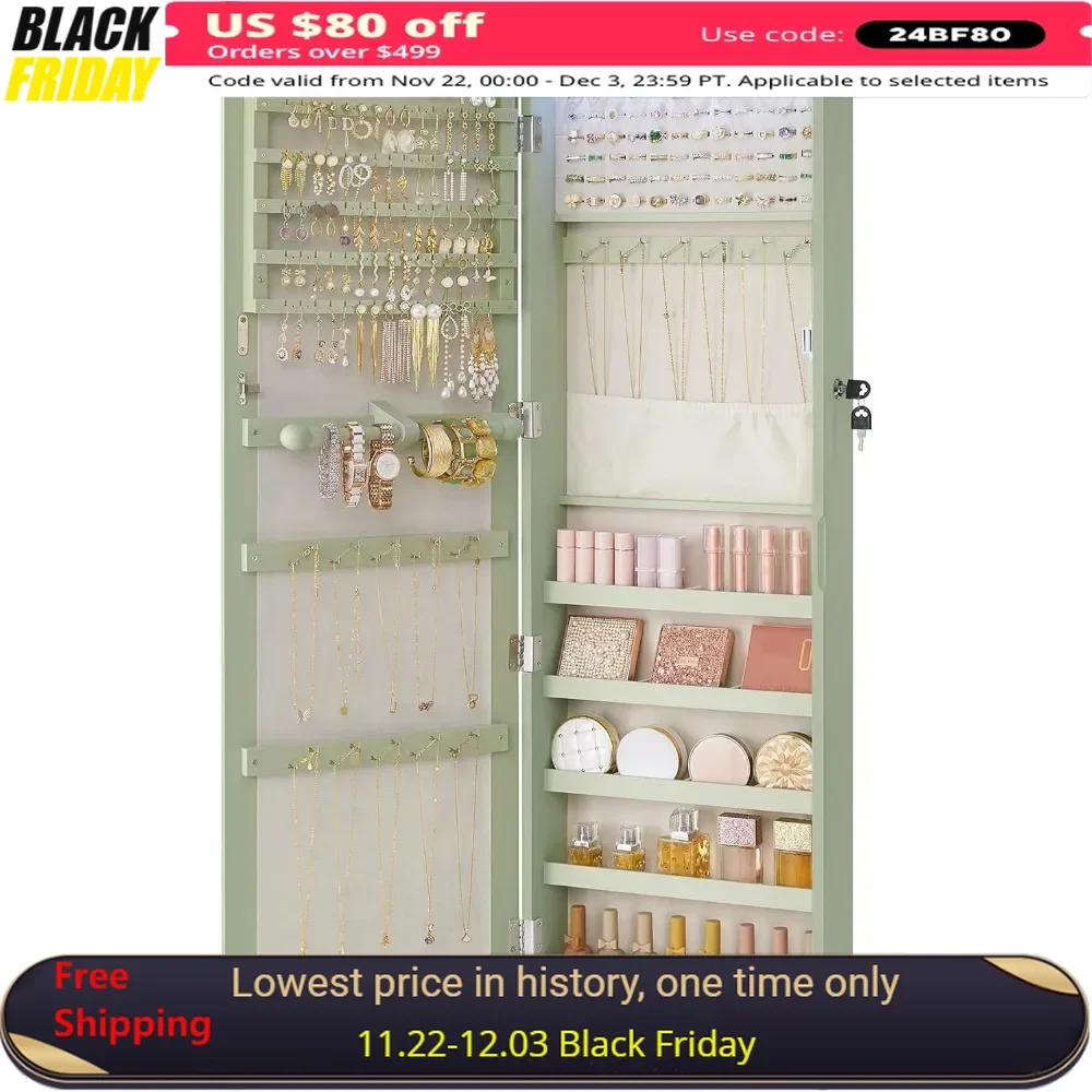 6 LEDs Mirror Jewelry Cabinet, 47.2-Inch Tall Lockable Wall or Door Mounted Jewelry Armoire Organizer with Mirror, 2 Drawers,