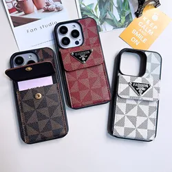Luxury triangle Card package PU leather Case for iPhone 16 15 14 Phone Cover 15 14 13 12 11 Pro MAX Hard Shockproof Back Funda