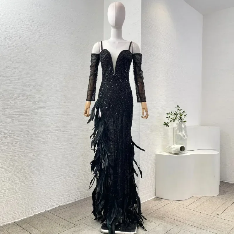 Ladies' Maxi Dresses Black Diamonds Sexy Beading Slim Fit Long Sleeve New Fashion High Quality Feather Lace for Party 2025