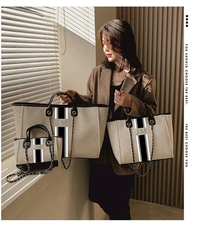 Personalize large medium mini monogramm striped bridal canvas handbags shopping shoulder jute bags beach totes christmas gift