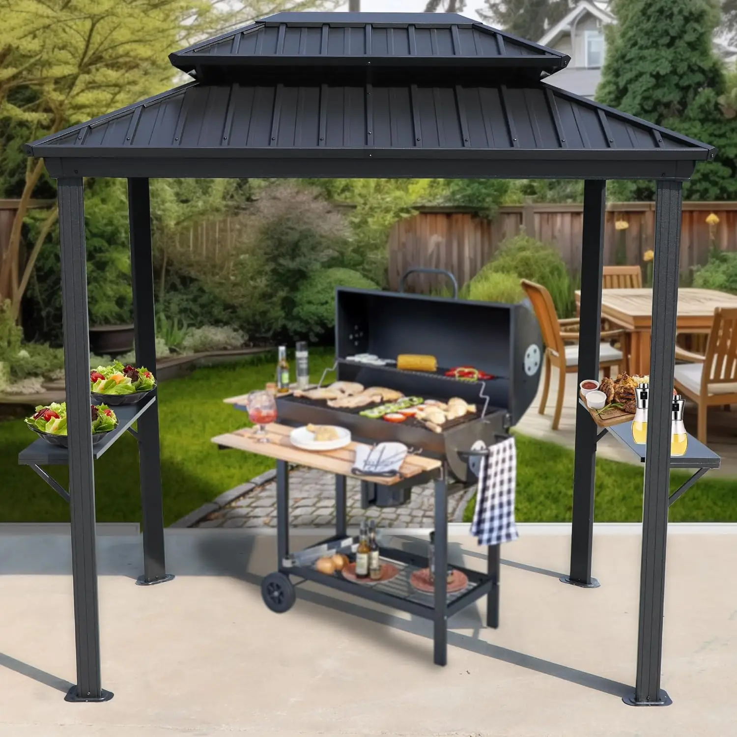 

6’ x 8’ BBQ Hardtop Grill Gazebo, Outdoor Barbecue Gazebo with Double Galvanized Metal Roof, Aluminum BBQ Gazebo
