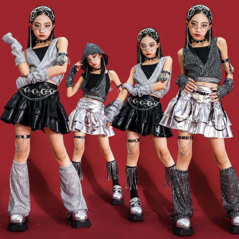 Street Fashion Goth - ชุดเสื้อฮู้ดครอปปักเลื่อมสไตล์ฮิปฮอปสำหรับเด็กผู้หญิง กระโปรงโกธิค กางเกงขาสั้นเต้นสตรีทแดนซ์ ชุดเสื้อผ้าเด็กแนวเคป๊อป แจ๊ส ฮอตเกิร์ลกรุ๊ป