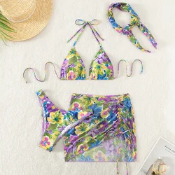 2024 New Drawstring Women's Bathing Suit 4 Pieces Swimsuit Print Triangle Bikini Bathing Suits with Mesh Beach Skirt & Bandana