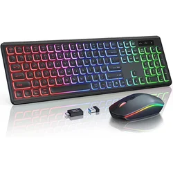 Combinazione tastiera e mouse wireless retroilluminati RGB, lettere illuminate ricaricabili, dimensioni complete, ergonomico, modalità Sleep, 2,4 GHz