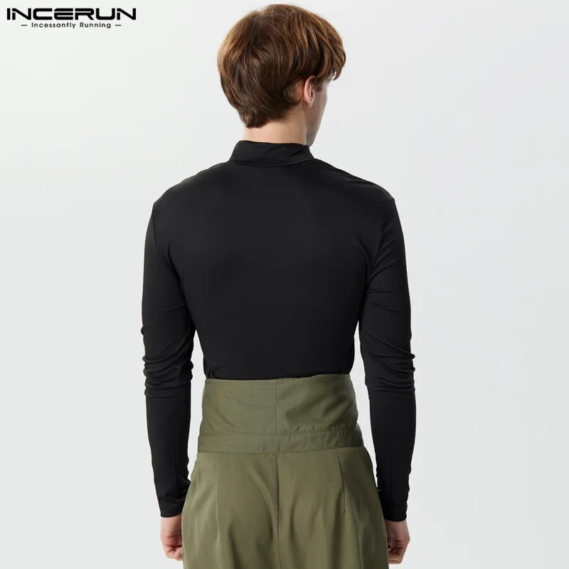 2024 Men Bodysuits Solid Color Hollow Out Turtleneck Long Sleeve Rompers Men Streetwear Sexy Fashion Male Bodysuit S-3XL INCERUN