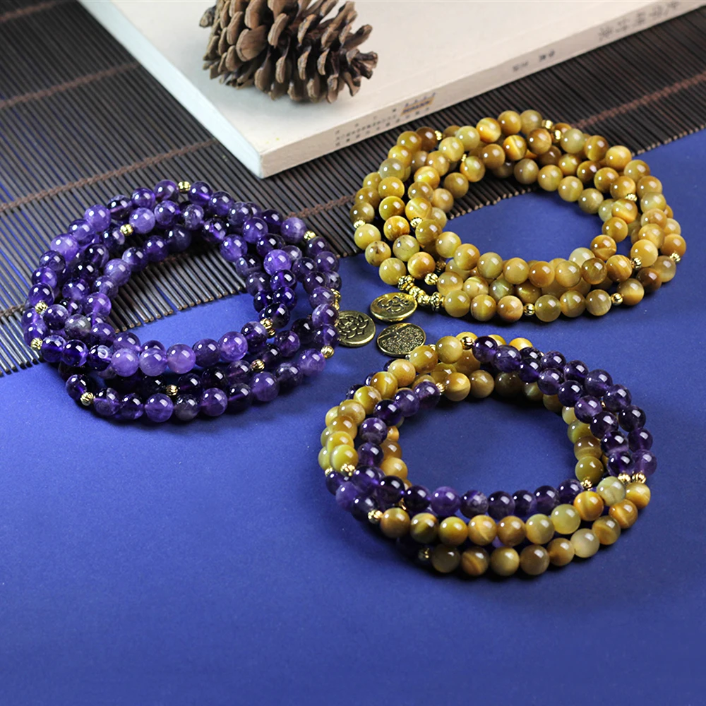 

Japamala 108 beads natural stones Bracelet Tiger Eye Stone,8mm Amethyst Bracelet and Necklace with Lotus OM,Dropshipping