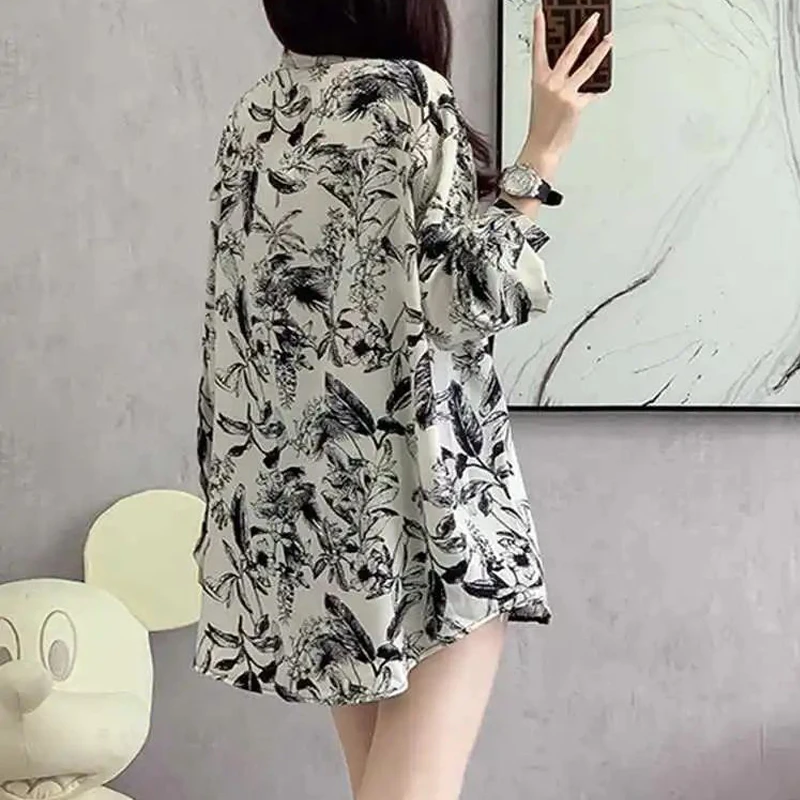 Women\'s Chinese Style Vintage Print Button Up Shirt Harajuku Y2K Oversized Long Sleeve Blouse Female Casual Irregular Tunic Tops