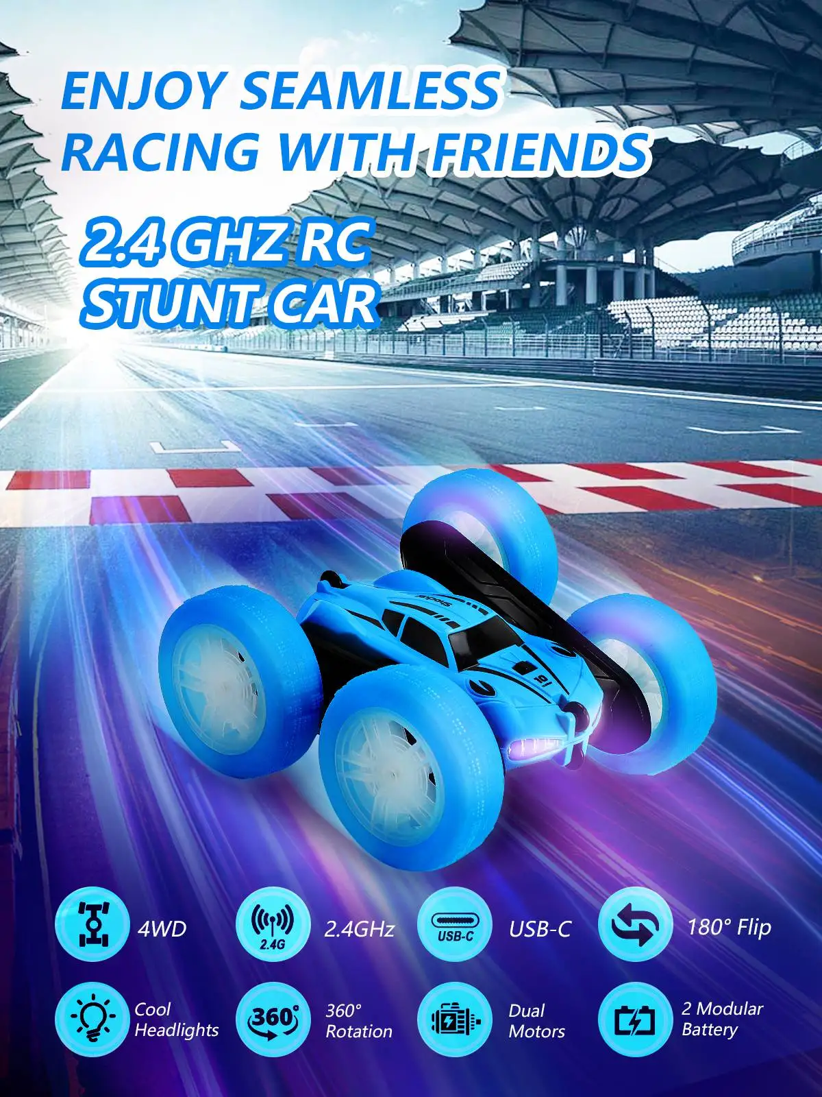 RC Stunt Car 2.4G Double Sided RC Stunt Car 360 Degree  Rotating Remote Control Car with Light 2 Rechargeable Batteries Blue