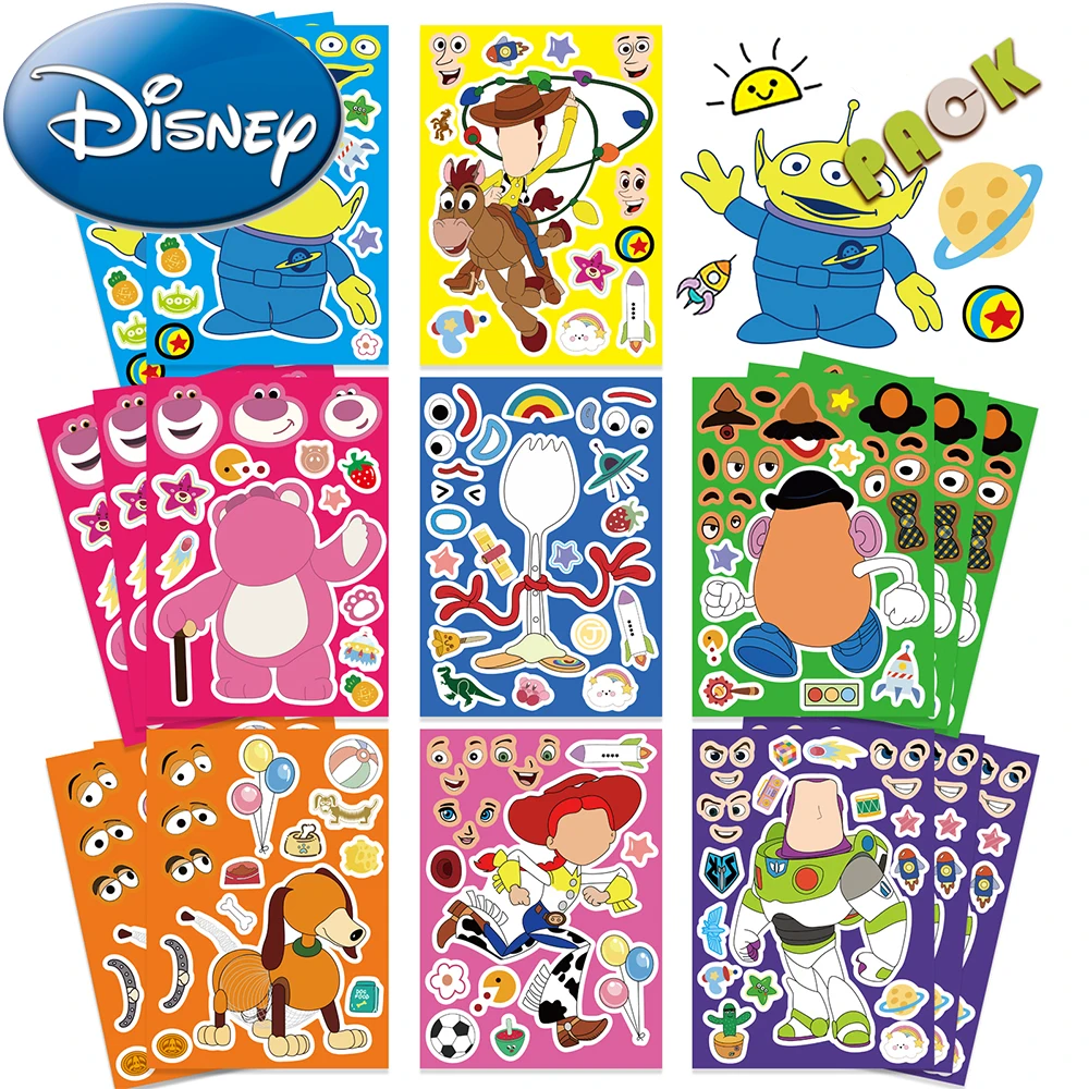 8/16sheets Disney Anime Toy Story Puzzle Stickers Make a Face Children DIY Cartoon Decals Assemble Jigsaw Educational Kids Toys