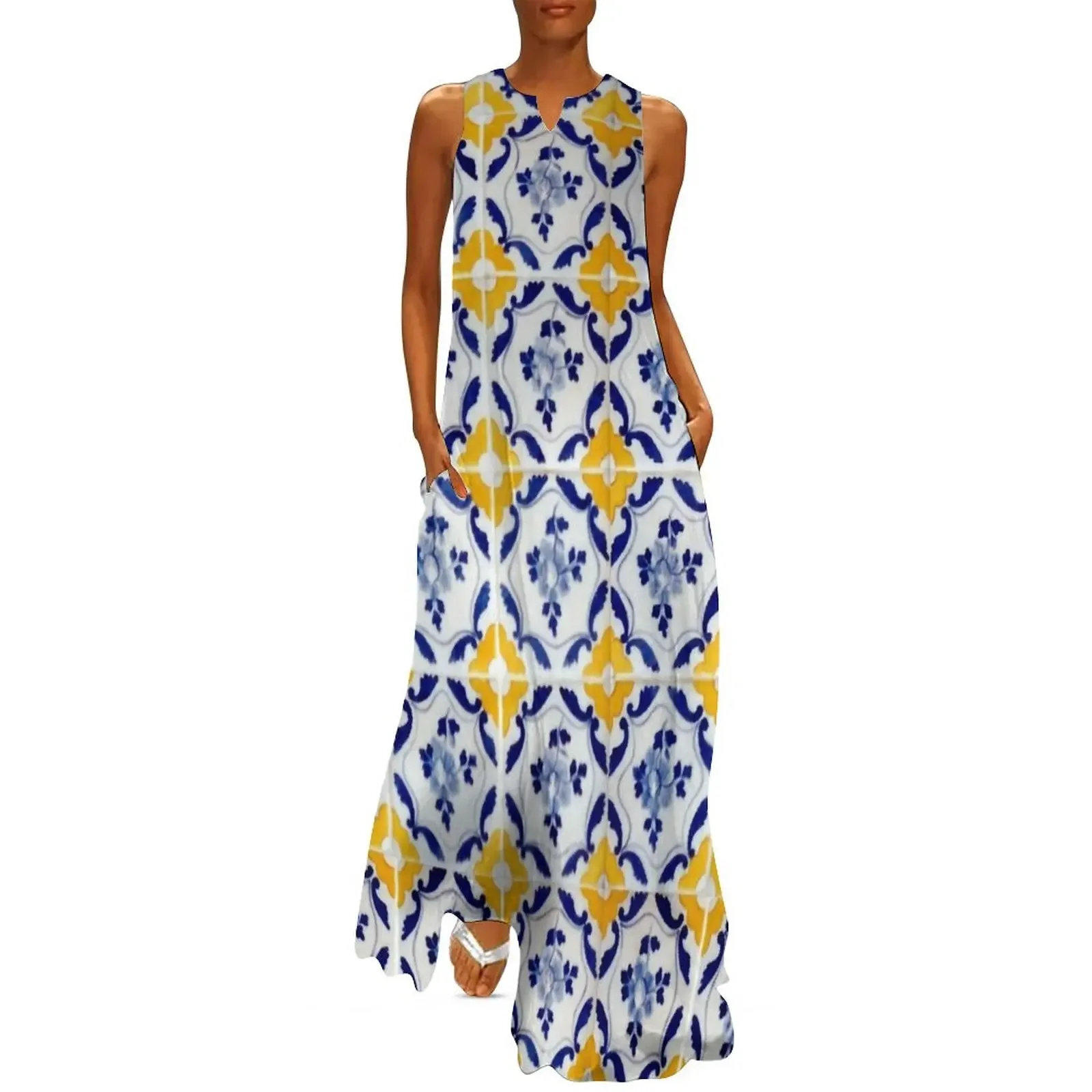 

Portuguese Blue and yellow tiles Long Dress evening dresses ladies women long dresses luxury dress dress summer