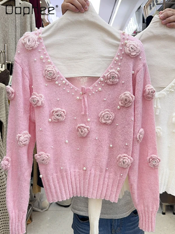 

Heavy Craft Flower Beaded Rhinestone V-Neck Long Sleeve Knitted Sweater Korean Sweet Bow Solid Color V-Neck Loose Short Sweater
