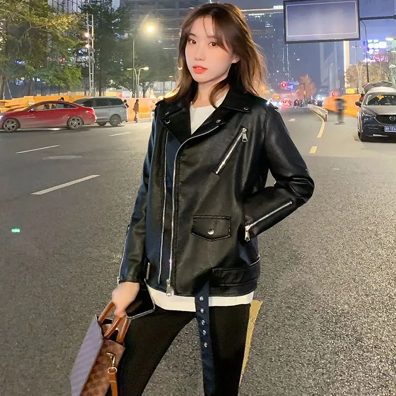 Loose Fashion Casual Leather Jacket Washed Leather 2023 Autumn Winter Zipper Jacket Turn-down Collar Thicken Warm Women's Jacket