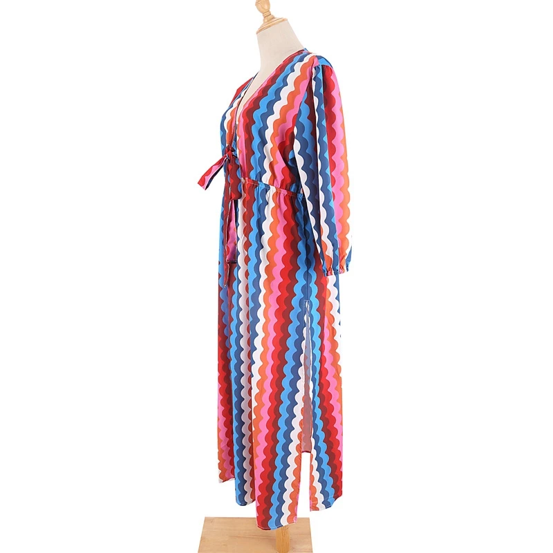 Rainbow Colorful Chevron Print Dress Sexy Beach Maxi Dresses Women Stuning Party Gown V-Neckline Tie Knot A-Line Resortwear Chic