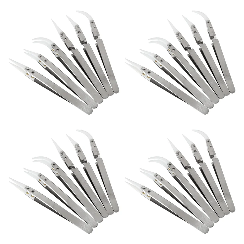 Pincettes à souder inverse de précision ABBP-24 pièces, ensemble de pincettes à pointes pointues et incurvées Non conductrices, antimagnétiques
