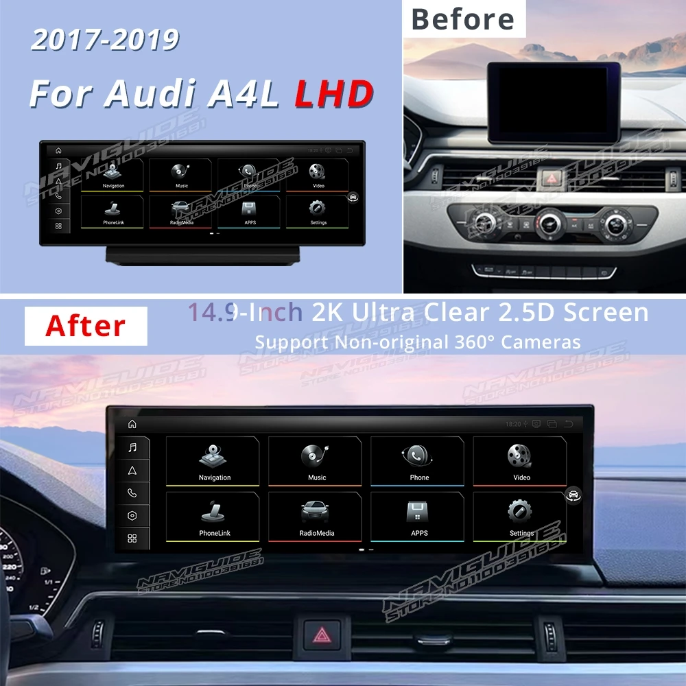 NAVIGUIDE 14.9''10.25'' Android14 Car Multimedia Video Player For Audi A4 A4L A5 LHD 2009-2016 Carpaly WIFI Navi 4G Tools GPS GT