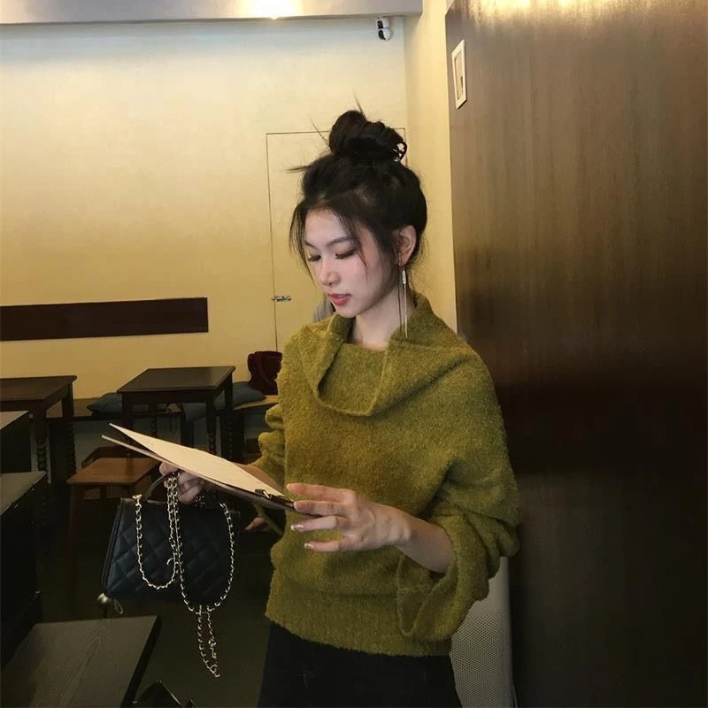 Women's 2026 Autumn Winter Green Off Shoulder Long Sleeve Loop Knit Sweater Slouchy Soft Warm Elegant Chic Coquette Trendy Top - view 4