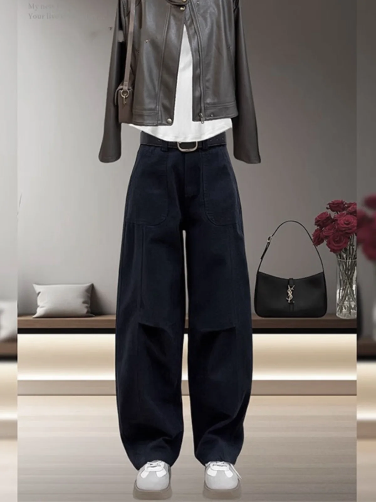 المرأة الخريف الشتاء Fce اصطف فضفاض صالح الجينز البضائع السراويل عالية الخصر السراويل الطويلة الكمثرى القرد الجسم التخسيس واسعة الساق الجينز #2