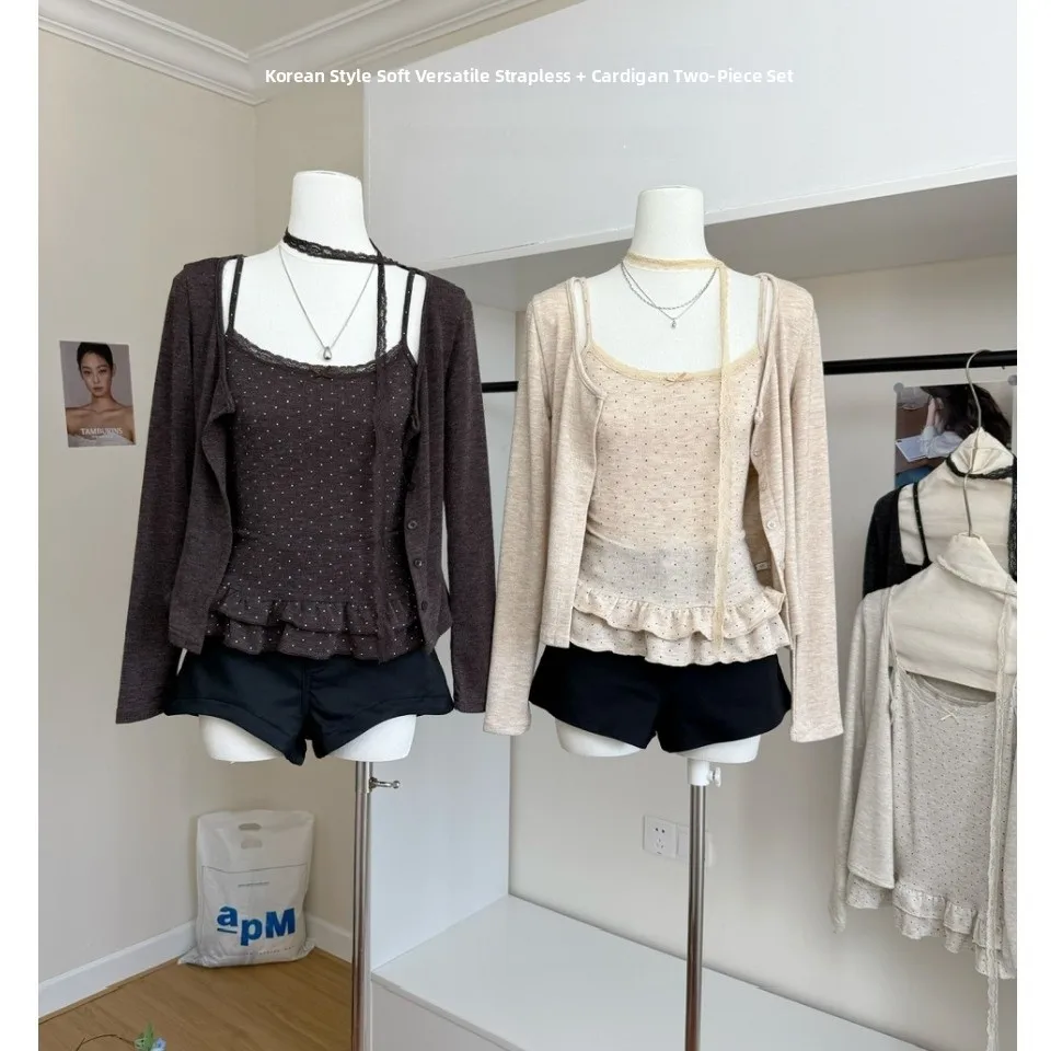 

Корейский стиль: Нежный универсальный комплект из двух предметов с пуговицами и открытой воротной частью, женский кардиган-халтер, осенняя новинка, модный ансамбль