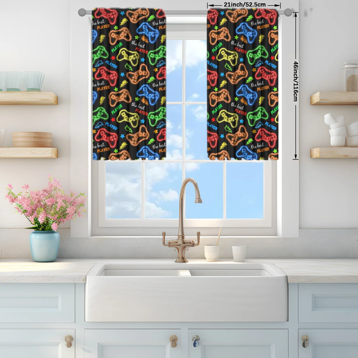 2pcs Neon GamePad Printed Curtain for Home Decor - Rod Pocket Window Treatment for Bedroom, Office,Kitchen,Living Room,and Study