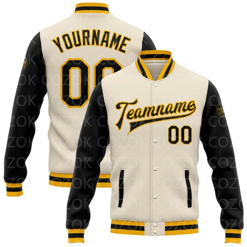 Custom Cream 3D Printed Baseball Button Jacket Bomber Full-Snap Varsity Letterman Jacket