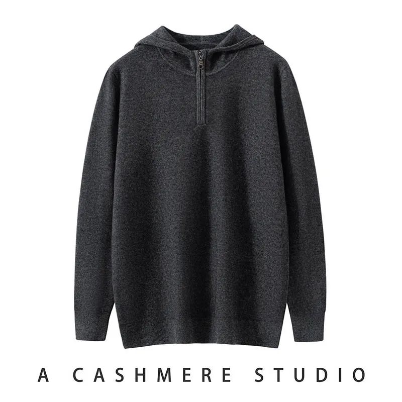 

High Quality Men 100% Cashmere Sweater Hooded Half Zipper Pullover Smart Casual Style Soft Warm Cashmere Knitted Jacket Hoodie