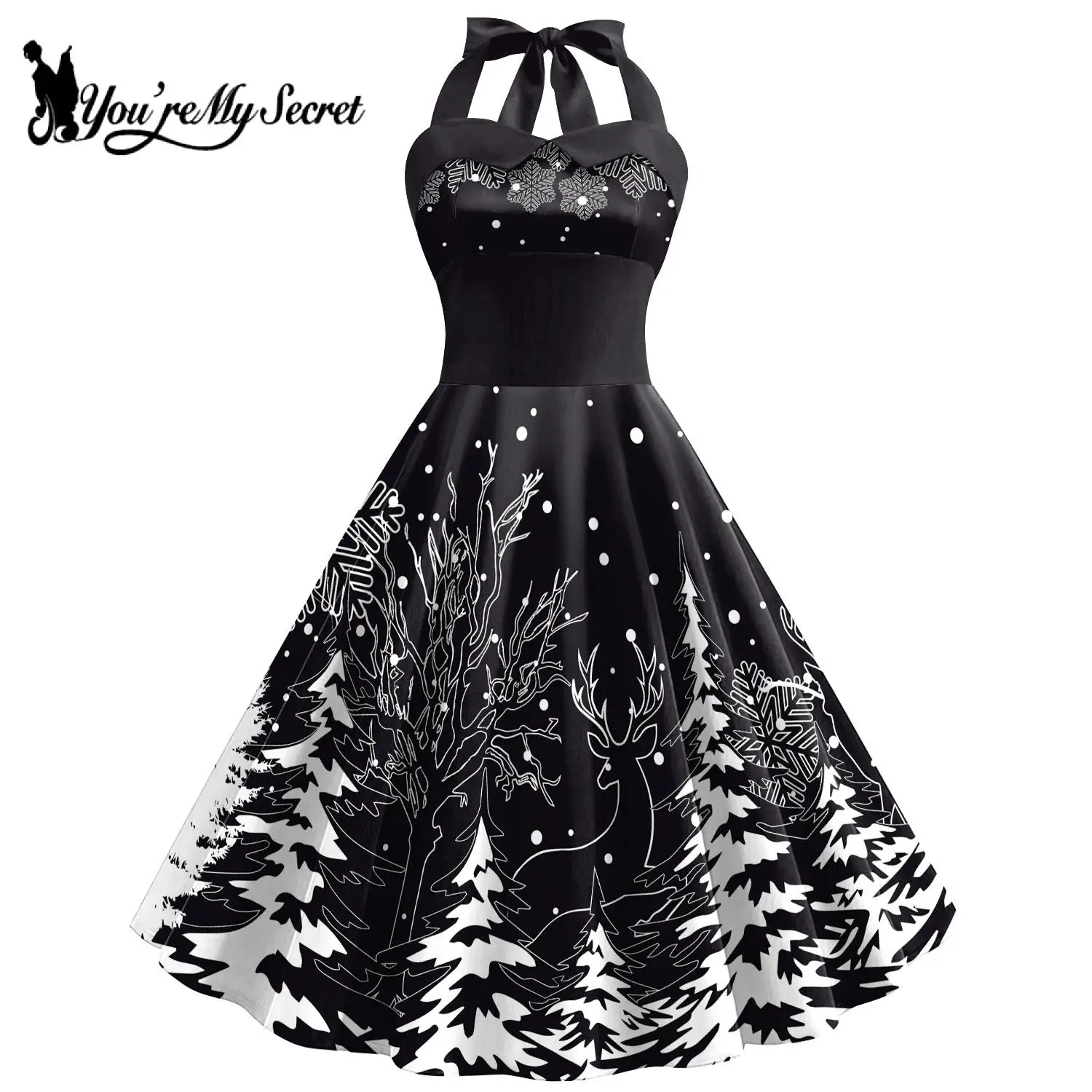 [You're My Secret] Women Dress Christmas Dress Snow 3D Printing Slip Party Dresses Sexy Rockabilly Dress Female Cosplay Costume