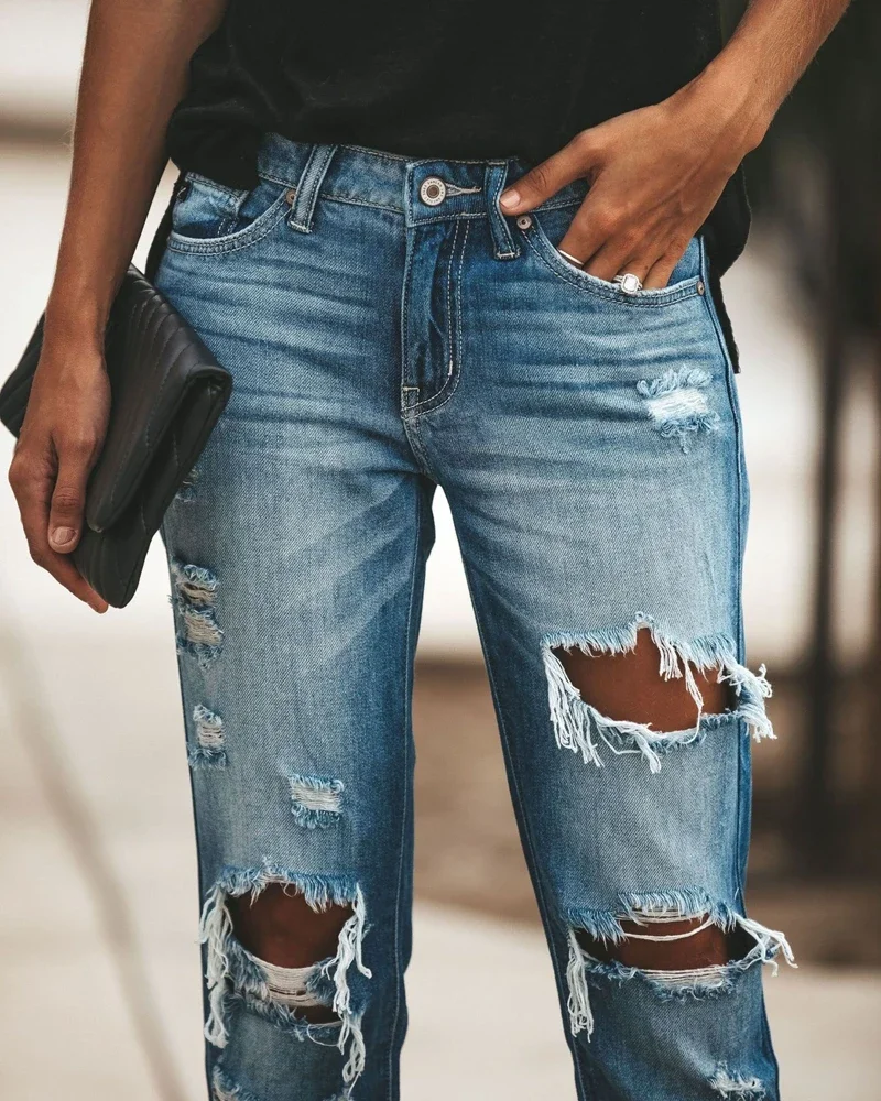 2022 New Women Fashion Mid Waist Boyfriend Big Ripped Hole Jeans Casual High Street Denim Pants Sexy Vintage Pencil Calca