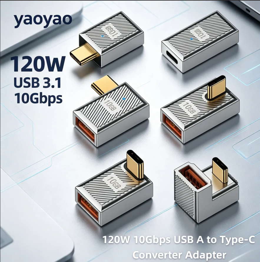 120W 6A USB Type C Adapters U-Shape Straight Angle Adapter Type C Male to USB Female 10Gbps Fast Data Converter Charging Adapter